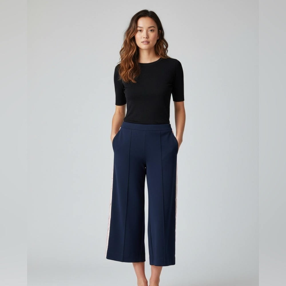 MOTHER OF PEARL CROPPED WIDE-LEG SIDE‎ STRIPE NAVY WOOL PREPPY PANTS IVY LEAGUE